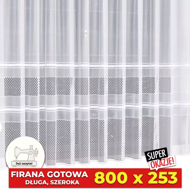 Firany gotowe - Firana 800x253 Do dużego pokoju, salonu - Długa, uszyta - Karolina